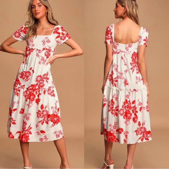 Lulus Dresses & Skirts - NEW LULUS On Island Time Red and White Floral Print Tiered Midi Dress XL